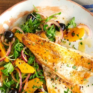 Pan fried seabass with orange and olive salad 