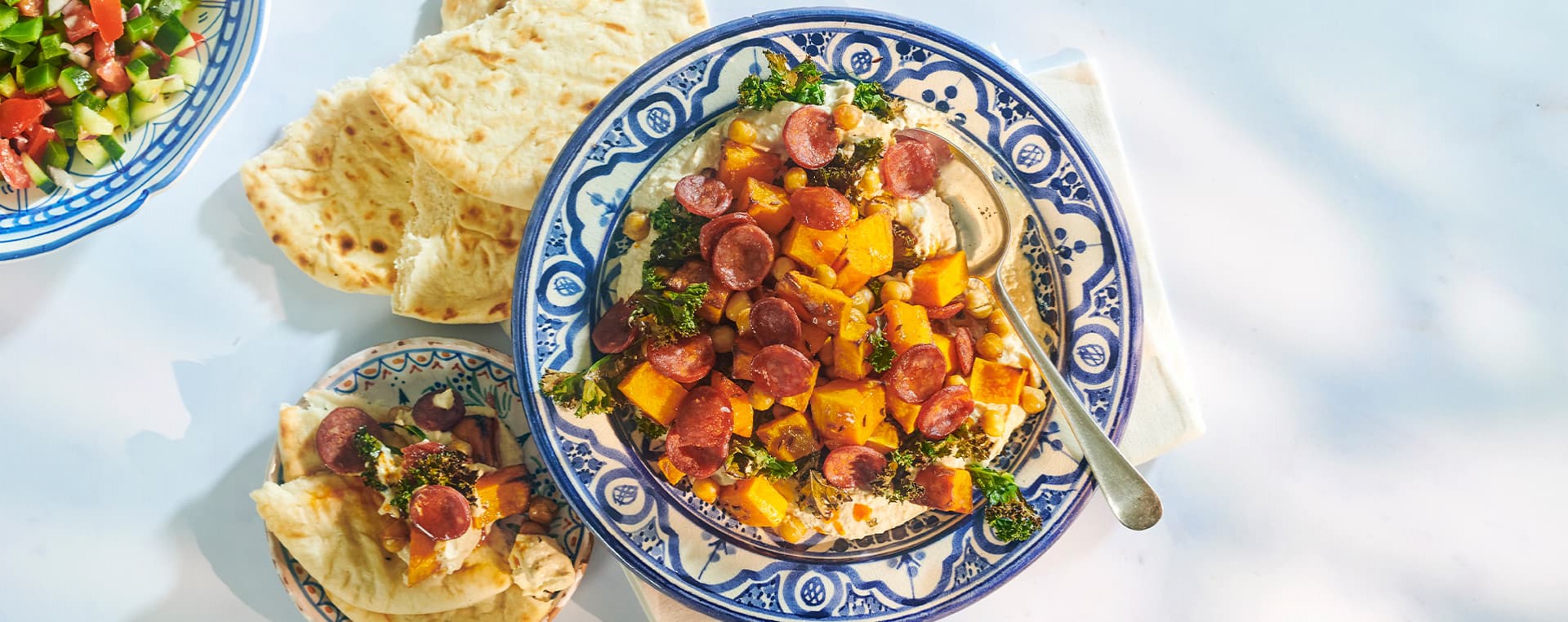 Homemade Hummus Bowl with Kale and Chorizo