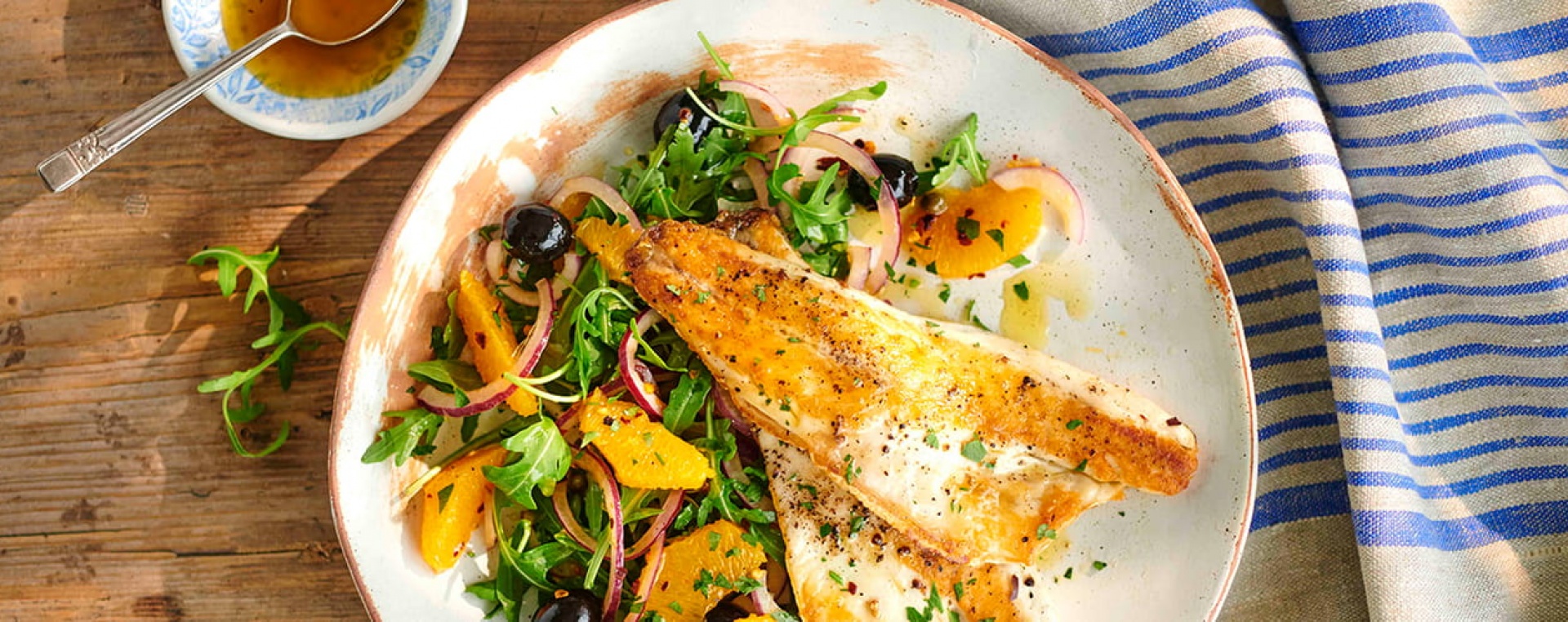 Pan Fried Seabass with Orange and Olive Salad